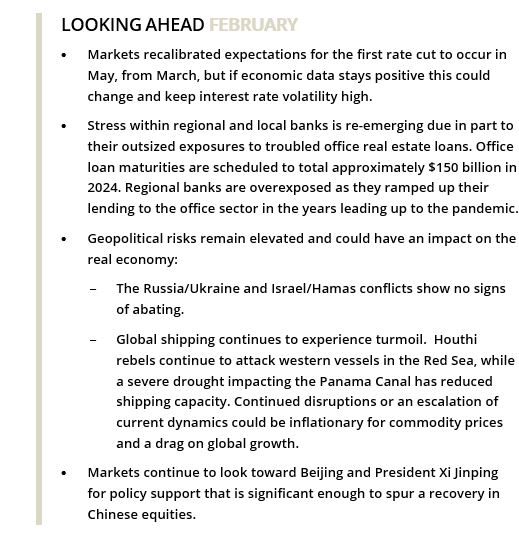LOOKING AHEAD FEBRUARY • Markets recalibrated expectations for the first rate cut to occur in May, from March, but if economic data stays positive this could change and keep interest rate volatility high. • Stress within regional and local banks is re-emerging due in part to their outsized exposures to troubled office real estate loans. Office loan maturities are scheduled to total approximately $150 billion in 2024. Regional banks are overexposed as they ramped up their lending to the office sector in the years leading up to the pandemic. • Geopolitical risks remain elevated and could have an impact on the real economy: ‒ The Russia/Ukraine and Israel/Hamas conflicts show no signs of abating. ‒ Global shipping continues to experience turmoil. Houthi rebels continue to attack western vessels in the Red Sea, while a severe drought impacting the Panama Canal has reduced shipping capacity. Continued disruptions or an escalation of current dynamics could be inflationary for commodity prices and a drag on global growth. • Markets continue to look toward Beijing and President Xi Jinping for policy support that is significant enough to spur a recovery in Chinese equities. 