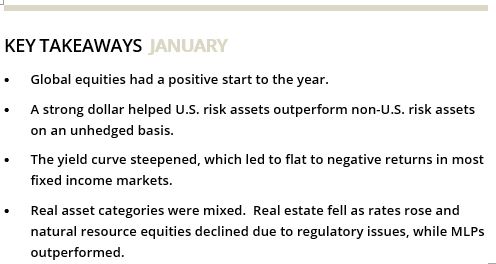 KEY TAKEAWAYS JANUARY • Global equities had a positive start to the year. • A strong dollar helped U.S. risk assets outperform non-U.S. risk assets on an unhedged basis. • The yield curve steepened, which led to flat to negative returns in most fixed income markets. • Real asset categories were mixed. Real estate fell as rates rose and natural resource equities declined due to regulatory issues, while MLPs outperformed. 
