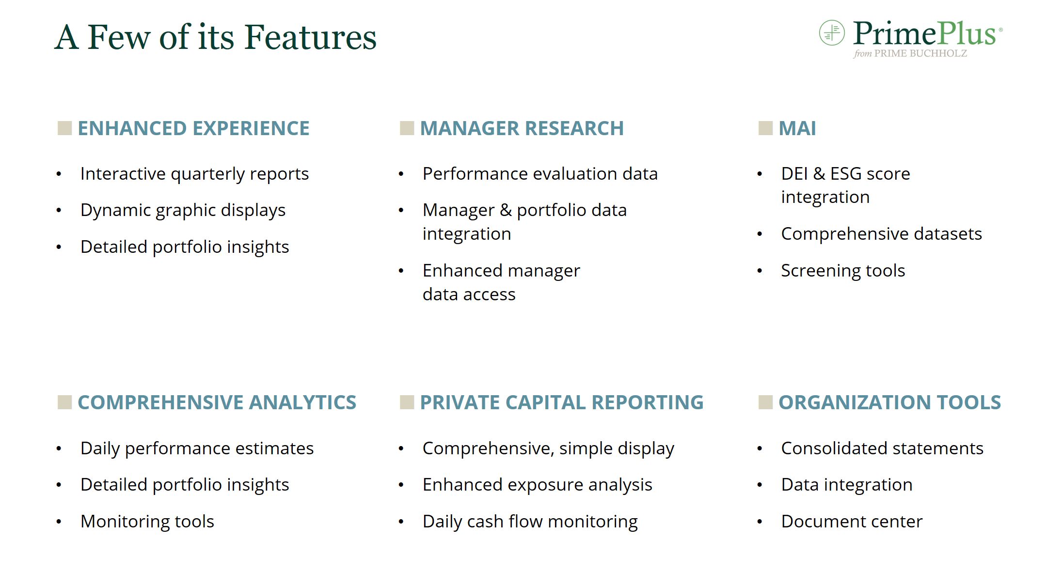 ■ ENHANCED EXPERIENCE • Interactive quarterly reports • Dynamic graphic displays • Detailed portfolio insights ■ MANAGER RESEARCH • Performance evaluation data • Manager & portfolio data integration • Enhanced manager data access ■ MAI • DEI & ESG score integration • Comprehensive datasets • Screening tools ■ COMPREHENSIVE ANALYTICS • Daily performance estimates • Detailed portfolio insights • Monitoring tools ■ PRIVATE CAPITAL REPORTING • Comprehensive, simple display • Enhanced exposure analysis • Daily cash flow monitoring ■ ORGANIZATION TOOLS • Consolidated statements • Data integration • Document center 